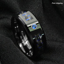Load image into Gallery viewer, 8mm Black and blue Carbon Fiber Tungsten Ring Blue Diamond  Men&#39;s Wedding Band

