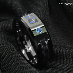 8mm Black and blue Carbon Fiber Tungsten Ring Blue Diamond  Men's Wedding Band