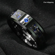 Load image into Gallery viewer, 8mm Black and blue Carbon Fiber Tungsten Ring Blue Diamond  Men&#39;s Wedding Band
