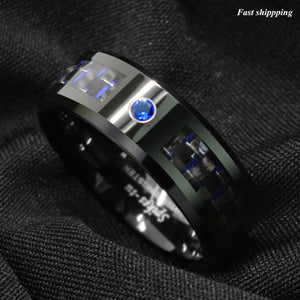 8mm Black and blue Carbon Fiber Tungsten Ring Blue Diamond  Men's Wedding Band