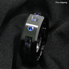 Load image into Gallery viewer, 8mm Black and blue Carbon Fiber Tungsten Ring Blue Diamond  Men&#39;s Wedding Band
