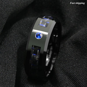 8mm Black and blue Carbon Fiber Tungsten Ring Blue Diamond  Men's Wedding Band