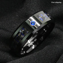 Load image into Gallery viewer, 8mm Black and blue Carbon Fiber Tungsten Ring Blue Diamond  Men&#39;s Wedding Band
