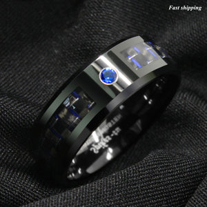 8mm Black and blue Carbon Fiber Tungsten Ring Blue Diamond  Men's Wedding Band