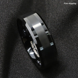 8mm Brushed Center black Tungsten Carbide ring Wedding Band Mens Jewelry