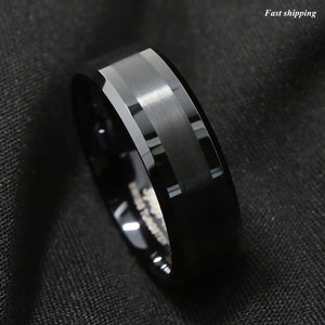 8mm Brushed Center black Tungsten Carbide ring Wedding Band Mens Jewelry