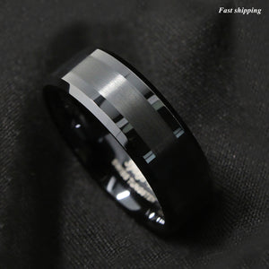 8mm Brushed Center black Tungsten Carbide ring Wedding Band Mens Jewelry