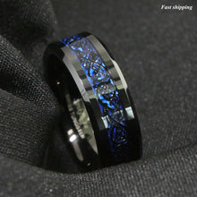 Load image into Gallery viewer, 8/6mm Tungsten Carbide Ring Black Celtic Dragon Blue carbon fibre
