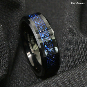 8/6mm Tungsten Carbide Ring Black Celtic Dragon Blue carbon fibre