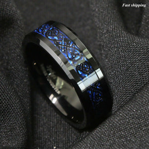 8/6mm Tungsten Carbide Ring Black Celtic Dragon Blue carbon fibre