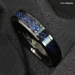 8/6mm Tungsten Carbide Ring Black Celtic Dragon Blue carbon fibre