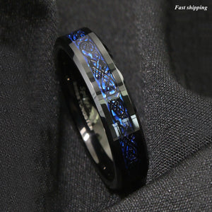 8/6mm Tungsten Carbide Ring Black Celtic Dragon Blue carbon fibre