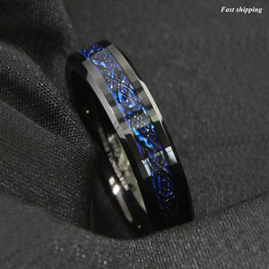 8/6mm Tungsten Carbide Ring Black Celtic Dragon Blue carbon fibre