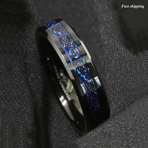 8/6mm Tungsten Carbide Ring Black Celtic Dragon Blue carbon fibre