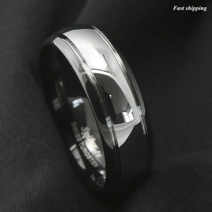 8/6mm Dome Black Silver Center Tungsten Carbide Ring  Wedding Band Bridal