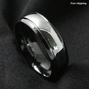 8/6mm Dome Black Silver Center Tungsten Carbide Ring  Wedding Band Bridal