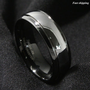 8/6mm Dome Black Silver Center Tungsten Carbide Ring  Wedding Band Bridal