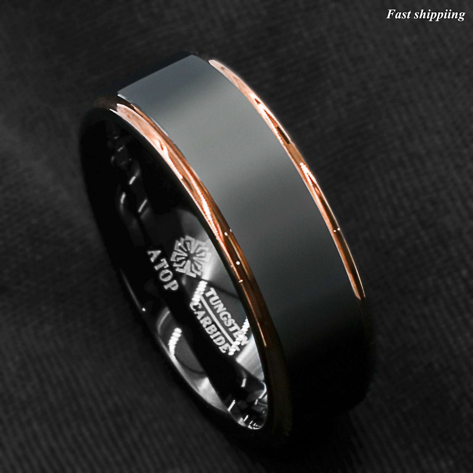 8/6mm Tungsten Carbide ring rose gold black brushed Wedding Band Ring