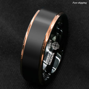 8/6mm Tungsten Carbide ring rose gold black brushed Wedding Band Ring