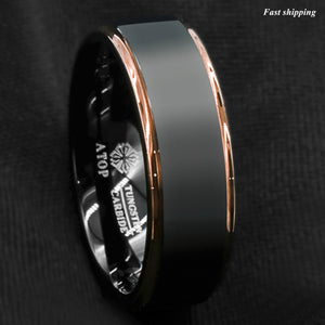 8/6mm Tungsten Carbide ring rose gold black brushed Wedding Band Ring