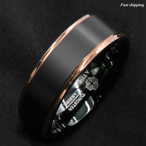 8/6mm Tungsten Carbide ring rose gold black brushed Wedding Band Ring