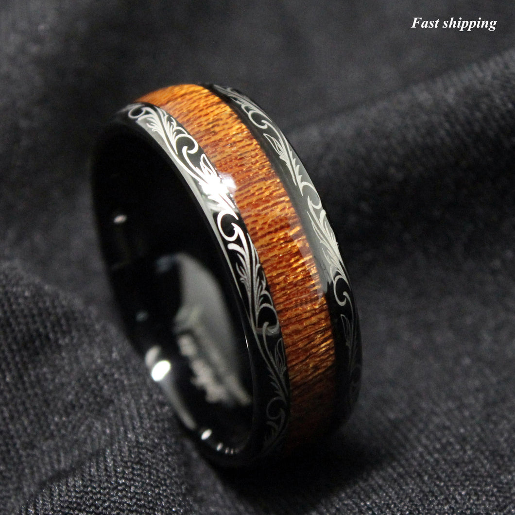 8mm Black Tungsten carbide Ring Koa Wood Inlay Dome Wedding Band  men's jewelry