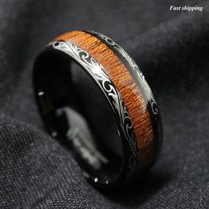 8mm Black Tungsten carbide Ring Koa Wood Inlay Dome Wedding Band  men's jewelry