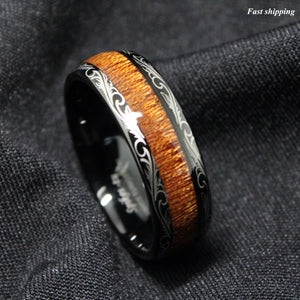 8mm Black Tungsten carbide Ring Koa Wood Inlay Dome Wedding Band  men's jewelry