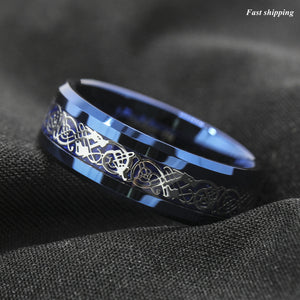 8mm Blue Tungsten Carbide Ring Celtic Dragon Carbon Fibre  Men's Jewelry