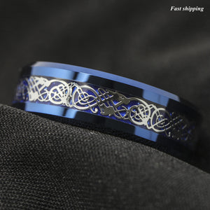 8mm Blue Tungsten Carbide Ring Celtic Dragon Carbon Fibre  Men's Jewelry