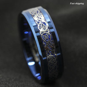 8mm Blue Tungsten Carbide Ring Celtic Dragon Carbon Fibre  Men's Jewelry