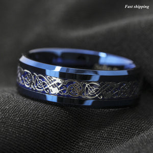 8mm Blue Tungsten Carbide Ring Celtic Dragon Carbon Fibre  Men's Jewelry