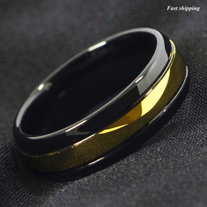 8mm Luxury  Black Men's Tungsten carbide Ring 18K Gold center Wedding Band ring