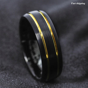 8mm Tungsten Ring Black Brushed Dome 18k gold Wedding Band  Mens Jewelry