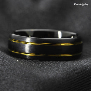 8mm Tungsten Ring Black Brushed Dome 18k gold Wedding Band  Mens Jewelry