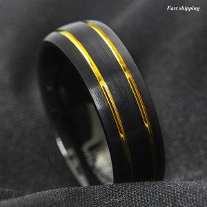 8mm Tungsten Ring Black Brushed Dome 18k gold Wedding Band  Mens Jewelry