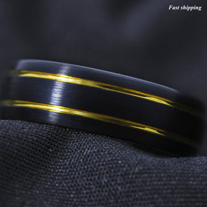 8mm Tungsten Ring Black Brushed Dome 18k gold Wedding Band  Mens Jewelry