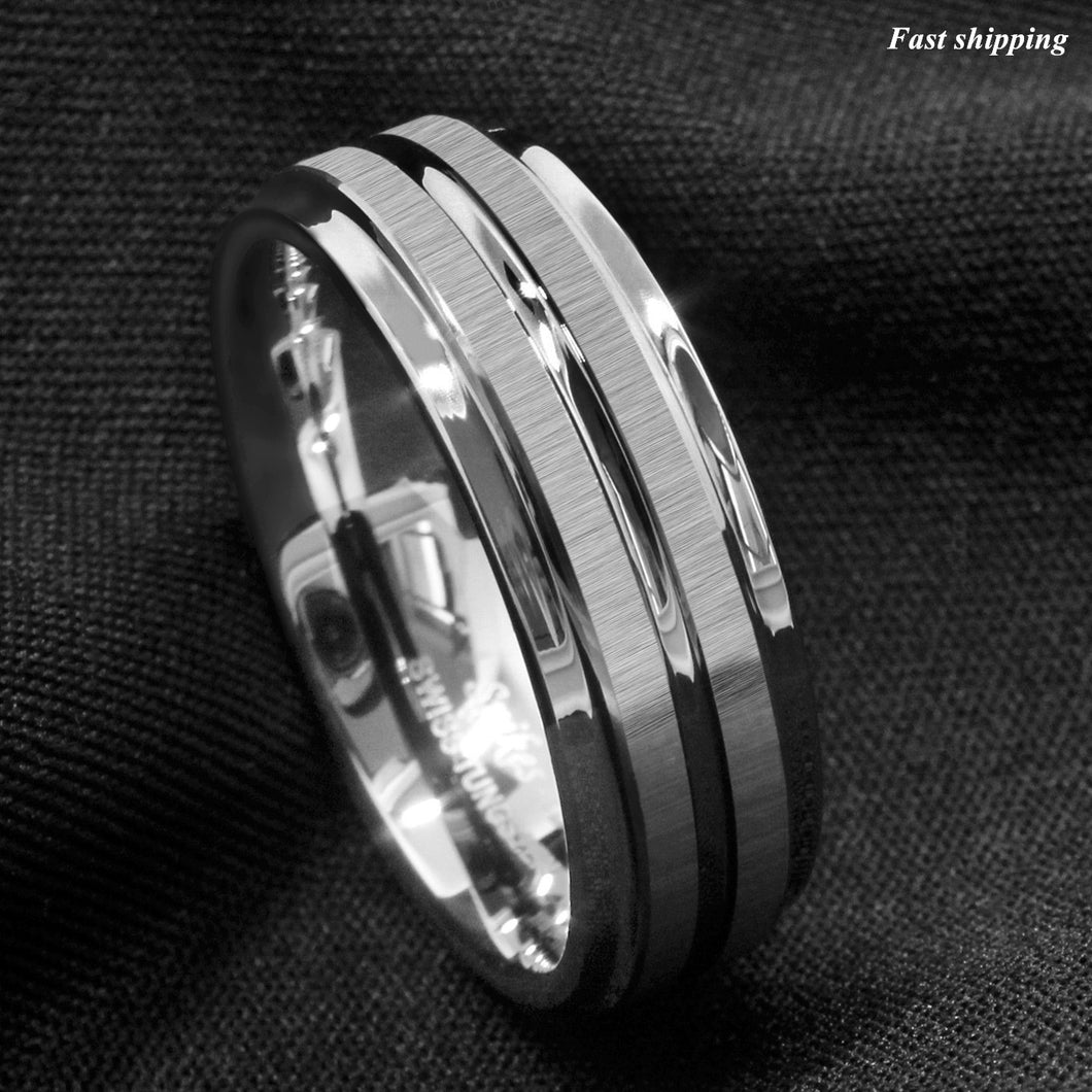 8mm Silver Tungsten Carbide Ring Two Vertical Brushed Meteorite wedding band