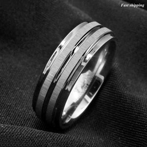 8mm Silver Tungsten Carbide Ring Two Vertical Brushed Meteorite wedding band