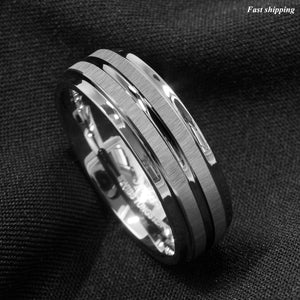 8mm Silver Tungsten Carbide Ring Two Vertical Brushed Meteorite wedding band