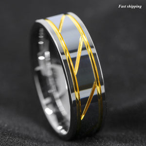 8mm Silver Tungsten Carbide Ring Infinity 18K gold inlay Wedding Band Men's Jewelry