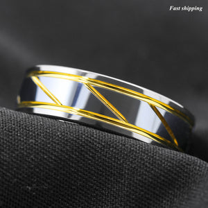 8mm Silver Tungsten Carbide Ring Infinity 18K gold inlay Wedding Band Men's Jewelry