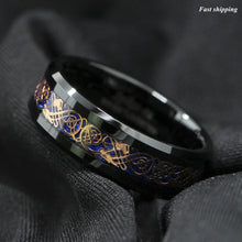 Load image into Gallery viewer, 8mm Black Tungsten Ring Rose Gold Celtic Dragon Blue carbon fibre
