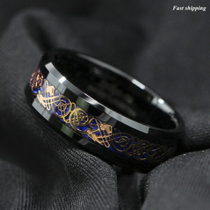 8mm Black Tungsten Ring Rose Gold Celtic Dragon Blue carbon fibre
