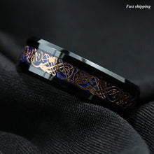 Load image into Gallery viewer, 8mm Black Tungsten Ring Rose Gold Celtic Dragon Blue carbon fibre
