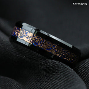 8mm Black Tungsten Ring Rose Gold Celtic Dragon Blue carbon fibre