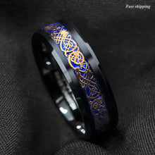 Load image into Gallery viewer, 8mm Black Tungsten Ring Rose Gold Celtic Dragon Blue carbon fibre

