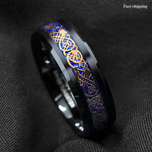 8mm Black Tungsten Ring Rose Gold Celtic Dragon Blue carbon fibre