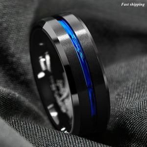 8mm Brushed Black Tungsten Carbide Band Ring Blue Line Bridal  Men's Jewelry