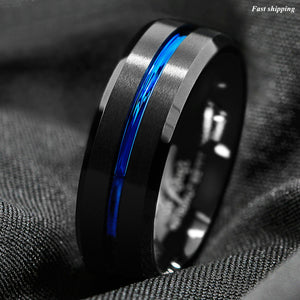 8mm Brushed Black Tungsten Carbide Band Ring Blue Line Bridal  Men's Jewelry